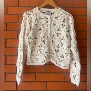 VTG. CROQUET CLUB Women's Ivory Crocheted Cardigan Sweater Cottagecore Size M